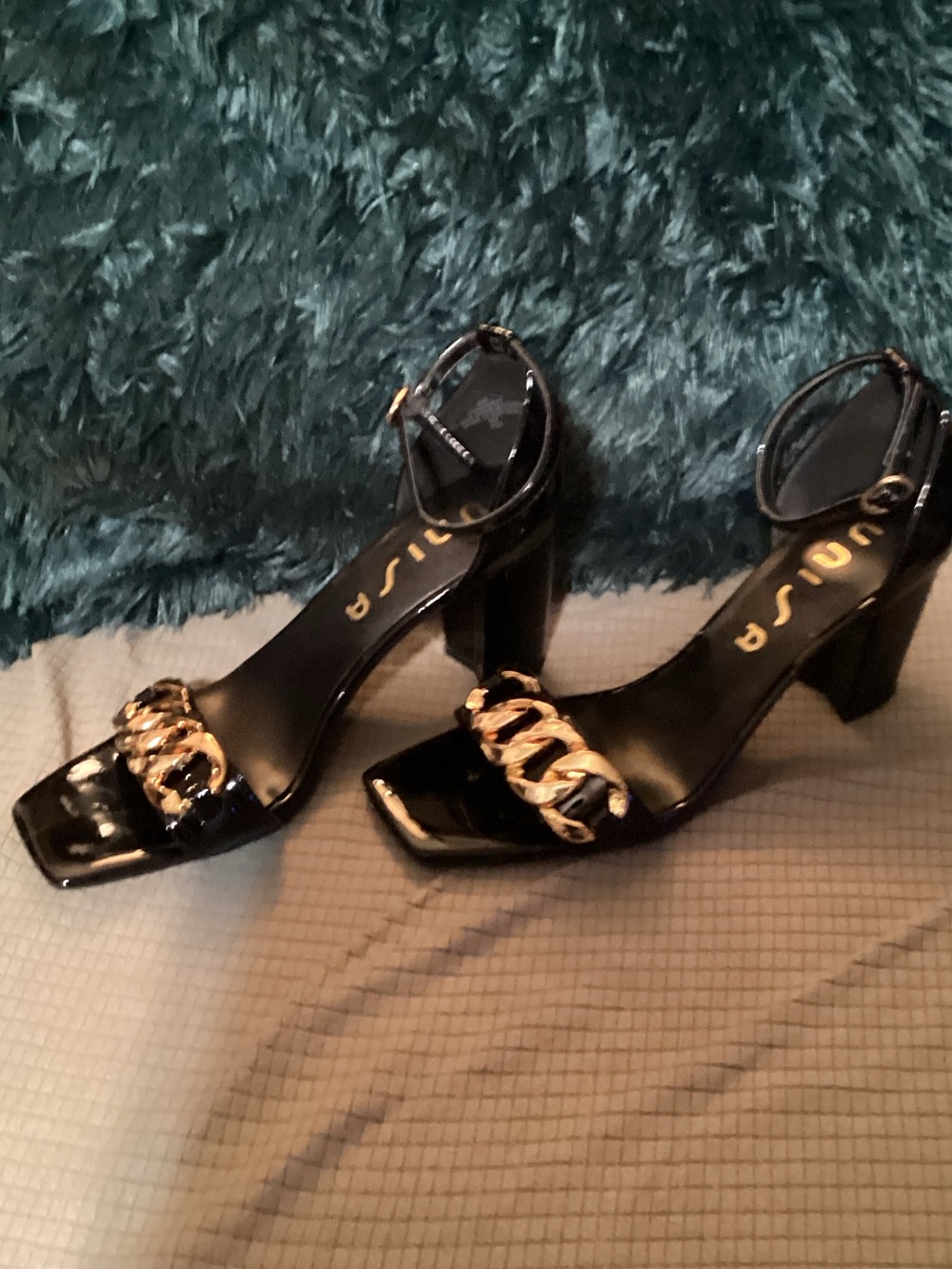 Unisa Black Patent Block Heels with Gold Chain Detail